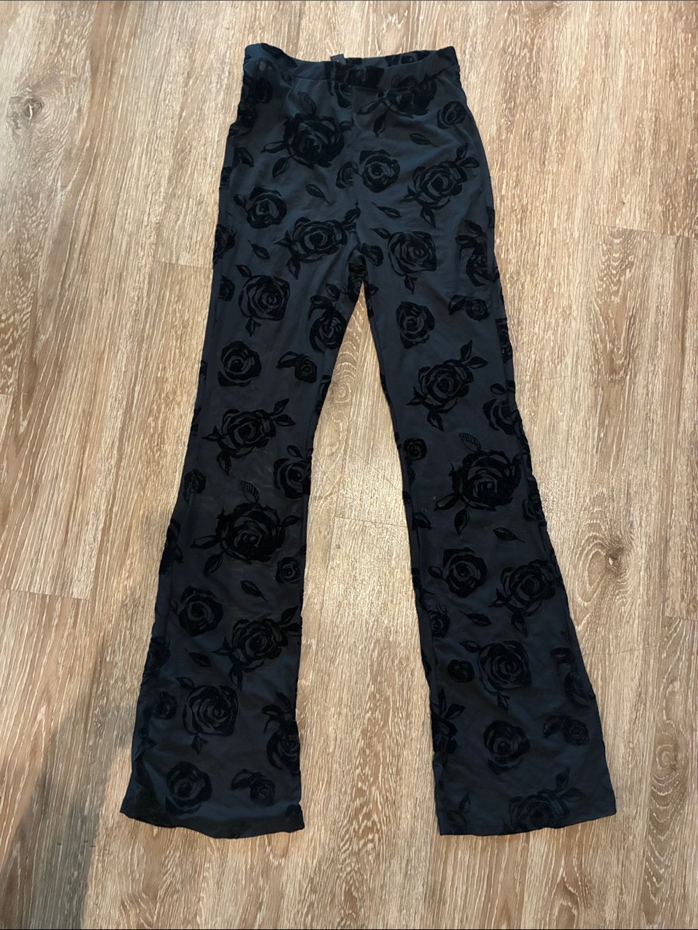 Black Floral Burnout Velvet Flare leggings sheer